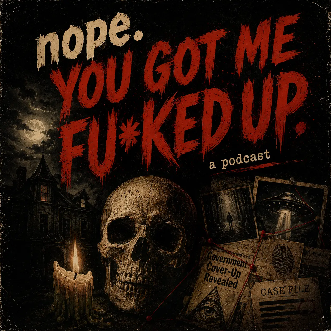 Podcast cover art: skull, candle and haunted house with case files